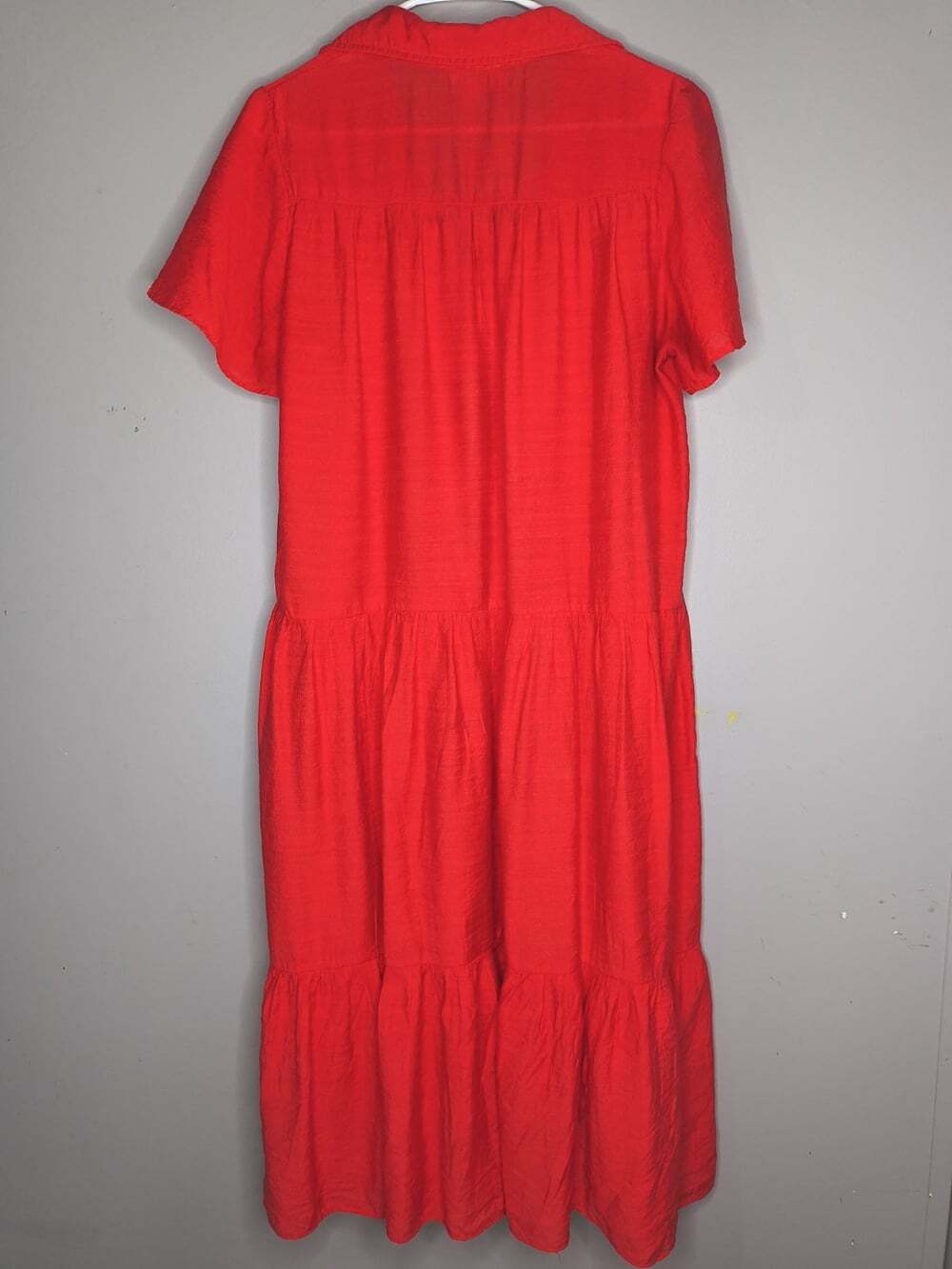 Umgee Red Button Front Tiered Shirt Dress Size Large Bohemian Style Split V Neck - Picture 9 of 13